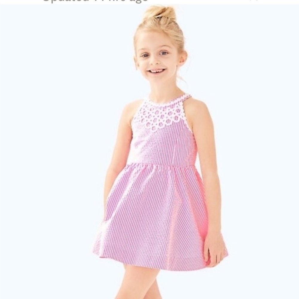 Lilly Pulitzer Girls Kinley Dress (Pink Cosmo Yarn Dyed Stripe Seersucker)